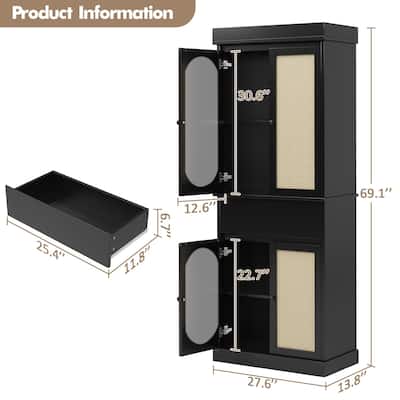 Kitchen Pantry Cabinet, Tall Storage Cabinet with Rattan Doors and Adjustable Shelves, Freestanding Cupboard