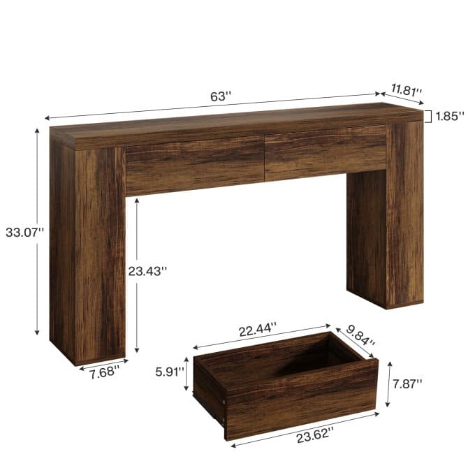 63-Inch Wooden Console Table with 2 Hidden Drawers, Sofa Table for Living Room, Hallway, Entrance, Foyer