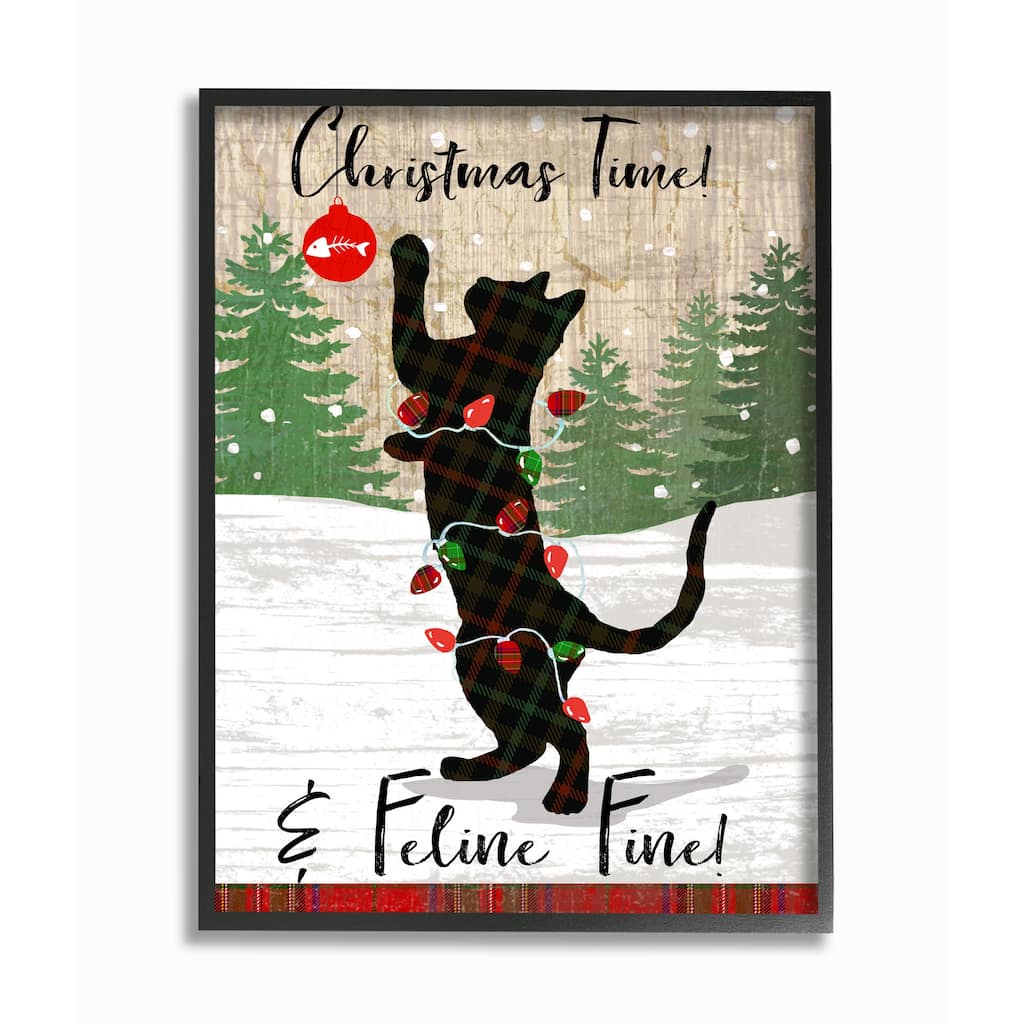 Stupell Country Holiday Christmas Time Phrase Family Cat Scene Framed Wall Art