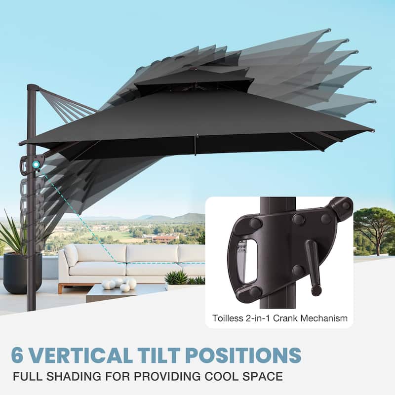 VredHom Double Top 10x10 FT Square Patio Cantilever Umbrella with Rod Wheel Base