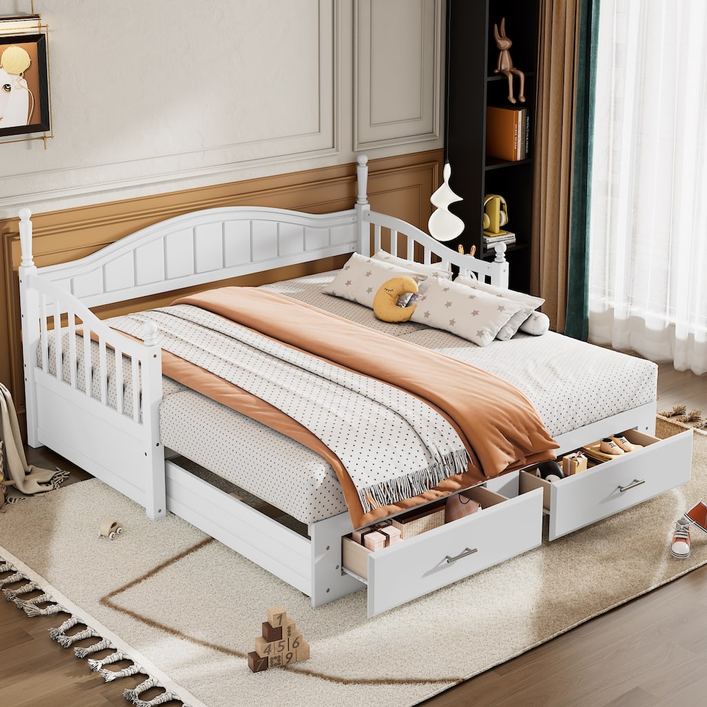 Twin Wooden Daybed with Trundle Bed & 2 Storage Drawers, Extendable Bed Sofa Bed with Guardrails, Solid Wood Slat Support