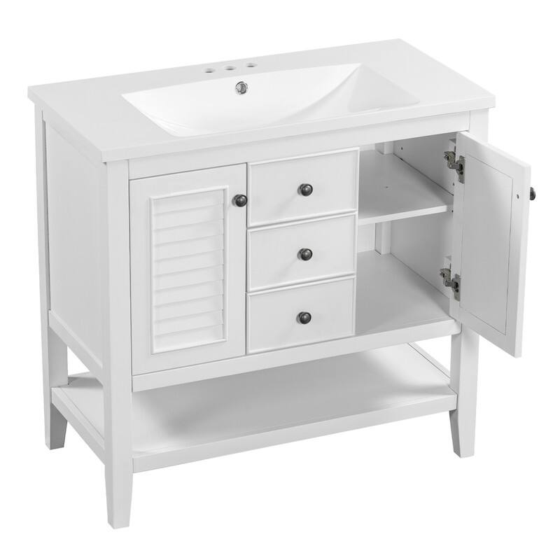 36" Bathroom Vanity with/without Sink, Bathroom Vanity Cabinet with 2 Cabinets and Drawers, Open Shelf, Solid Wood Frame