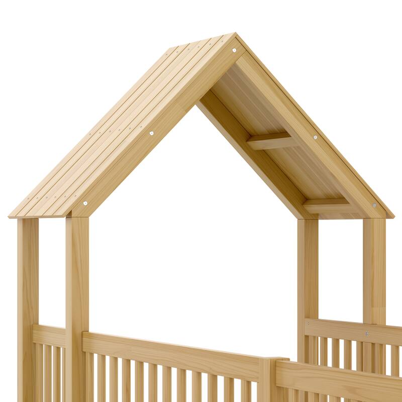 Twin Size House Floor Bed, Double Twin Floor Bed with Door and Full-length Guardrails, Multi-function Design