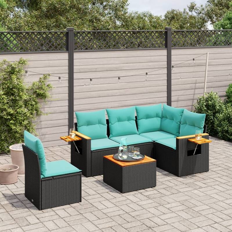 vidaXL 5 Piece Patio Sofa Set with Cushions Black Poly Rattan - 21.7x27.2x24.4-With table