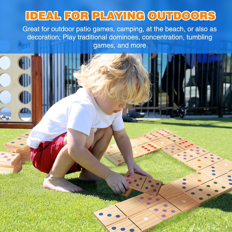 GSE™ 28-Piece Giant Wooden Dominoes with Multi-Color Dots, Jumbo Domino Tile Game Set for Outdoor Backyard Lawn Game