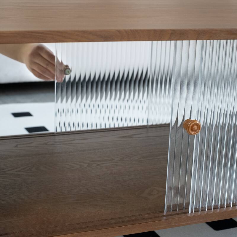 47" Brown Rectangular Minimalist Coffee Table with Glass Sliding Door Storage Cabinet