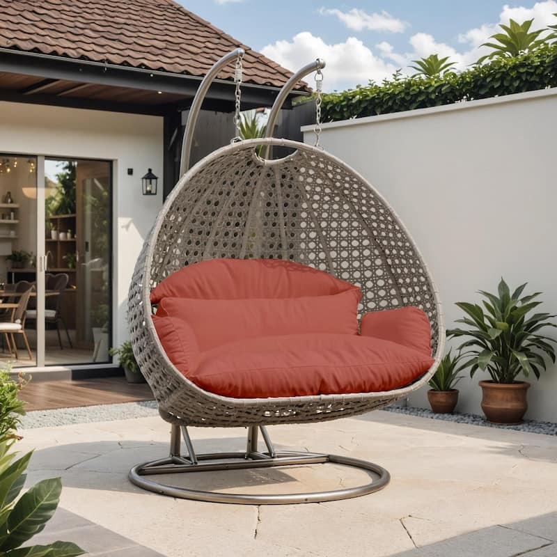 LeisureMod Modern 2-Person Egg Hanging Swing Chair with Beige Wicker, Oxford Fabric Cover, Patio Hammock Lounger and Cushions
