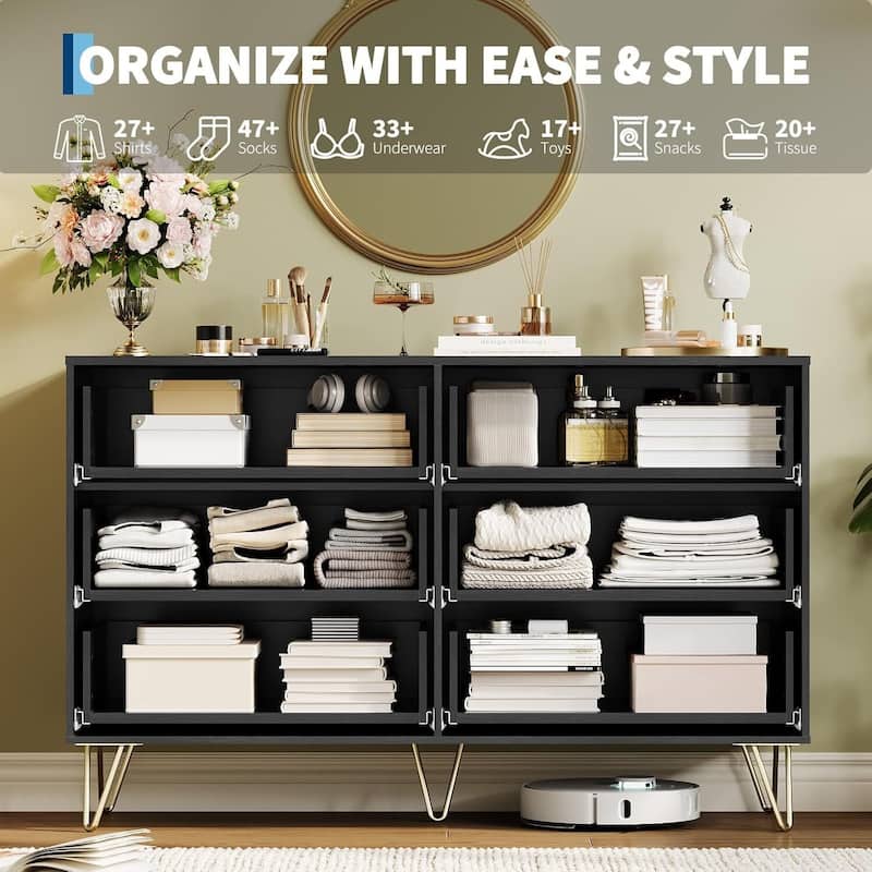 47" Wide Modern Fluted Dresser for Bedroom with 6 Drawers