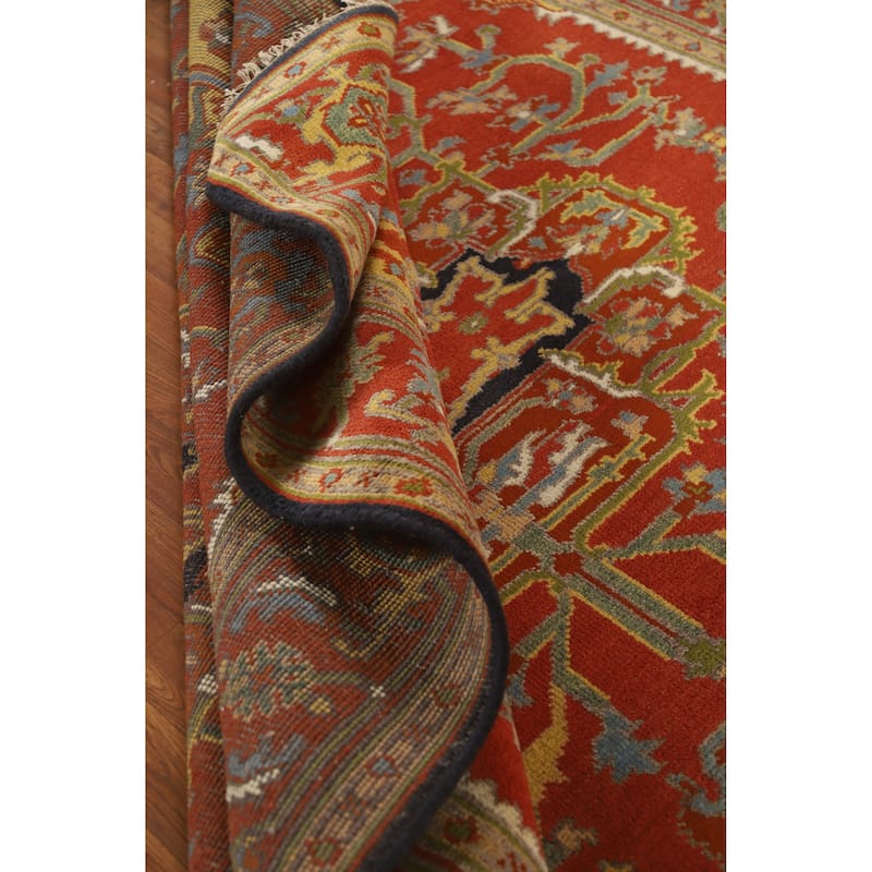 Hand Knotted Oriental 100% Wool Carpet Traditional Medallion Oranges & Rust Heriz (serapi) Area Rug - 9' 9'' X 7' 9''