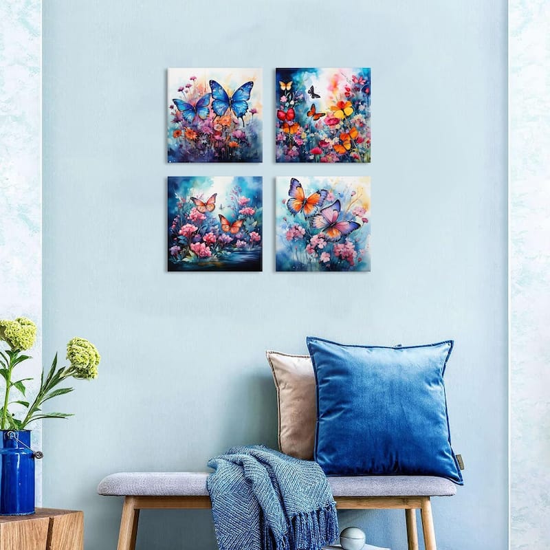 Blue Butterfly Canvas Wall Art Colorful Flower Pictures Abstract