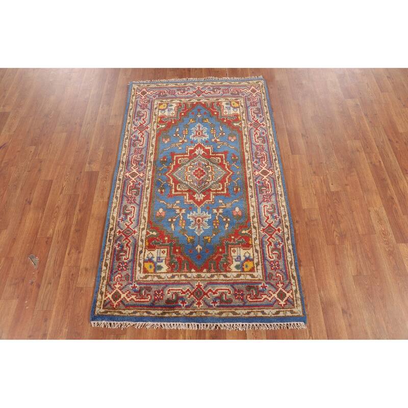 Blue Geometric Heriz Serapi Indian Foyer Rug Handmade Wool Carpet - 3'0"x 5'1"
