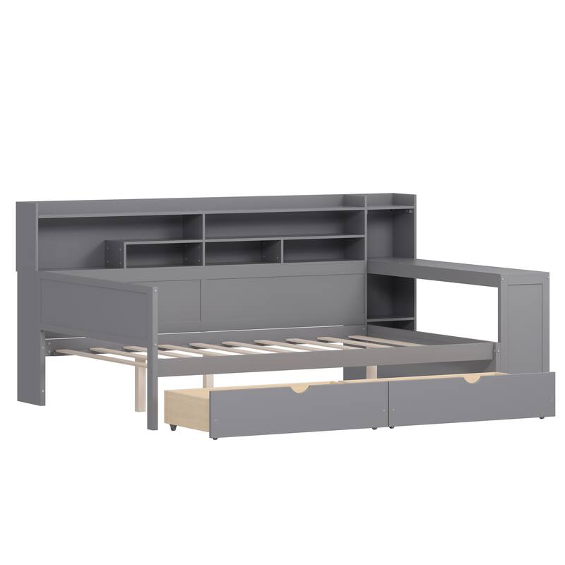 Full Size Wooden Daybed Platform Bed with Recessed Desk Storage Shelves and 2 Drawers Under Bed for Compact Spaces, Bedroom