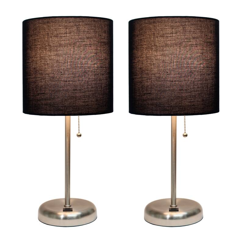 19.5 in. Brushed Steel Finish Table Lamp with Black Shade, Durable Stick Lamp for End/Side Tables, Set of 2