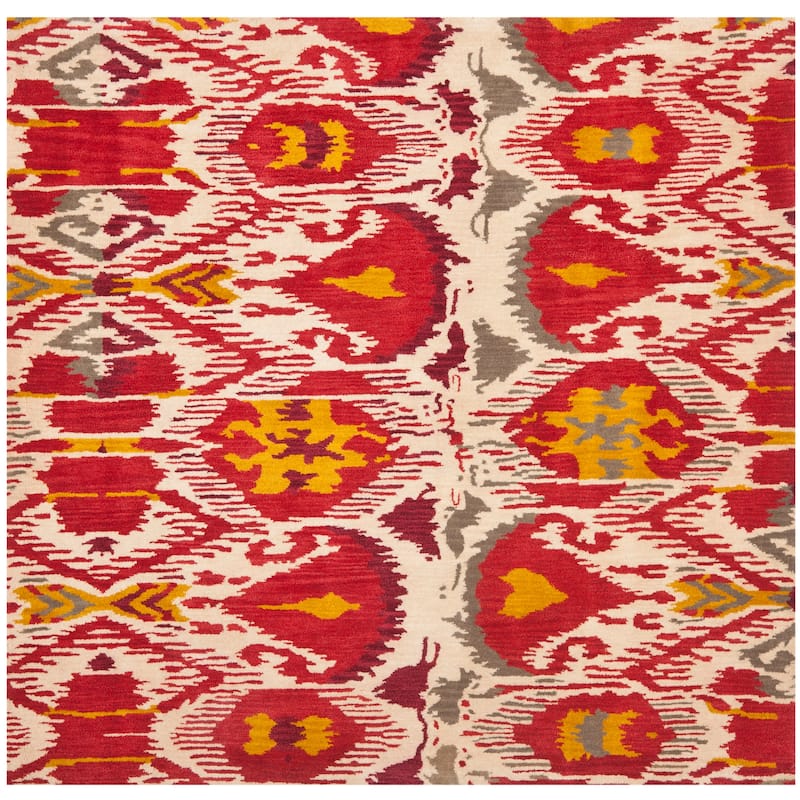 SAFAVIEH Handmade Ikat Branquinha Modern Wool Rug - 6' Square - Ivory/Red