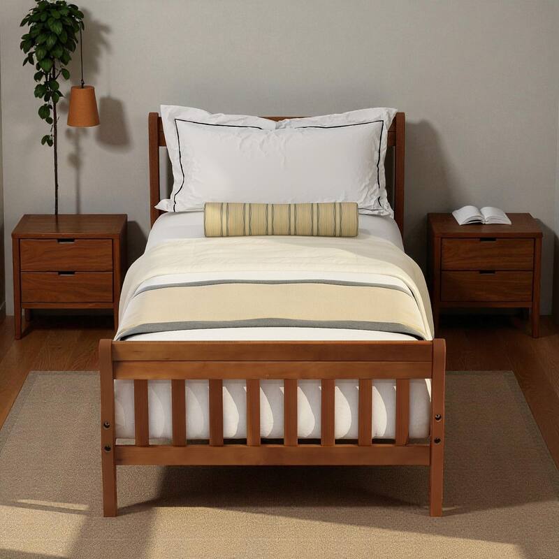Twin Size Wood Platform Bed with Headboard and Footboard, Sleigh Panel Bed Frame with Wood Slat Support, No Box Spring Needed