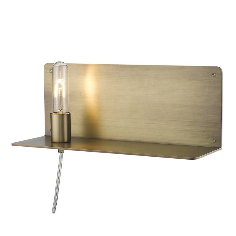 Modern XL Dull Gold Plug-In Wall Sconce with Shelf and Ambient LED Light Fixture E26 Base - 6" H x 15" W x 5" D