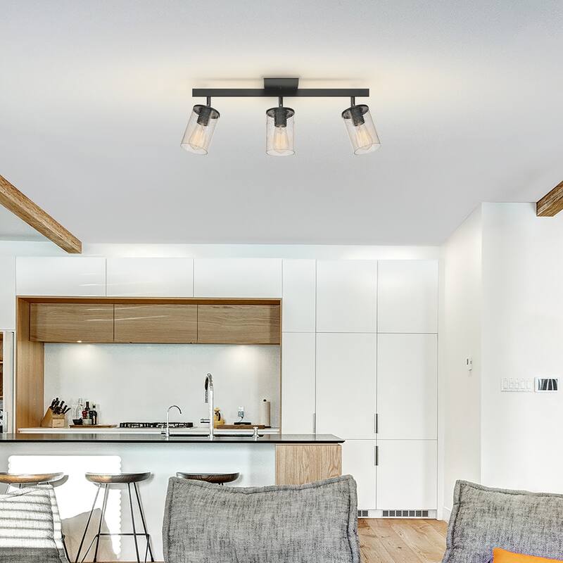 24" 3-Light Track Lighting, Matte Black, Seeded Glass Shades, Pivoting Track Heads - 4.7"