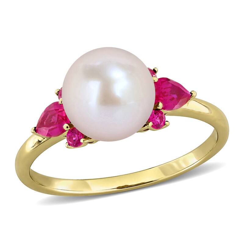 Miadora Cultured Freshwater Pearl and Gemstone Ring White or Yellow 14k Gold - Red - 10