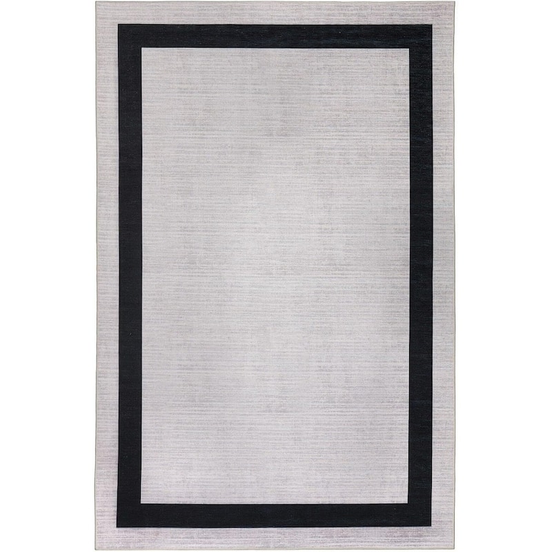 Machine Washable Area Rug With Non Slip Backing - Everest Geometric Modern Border Design - 5'8''x9' - Crème&Black