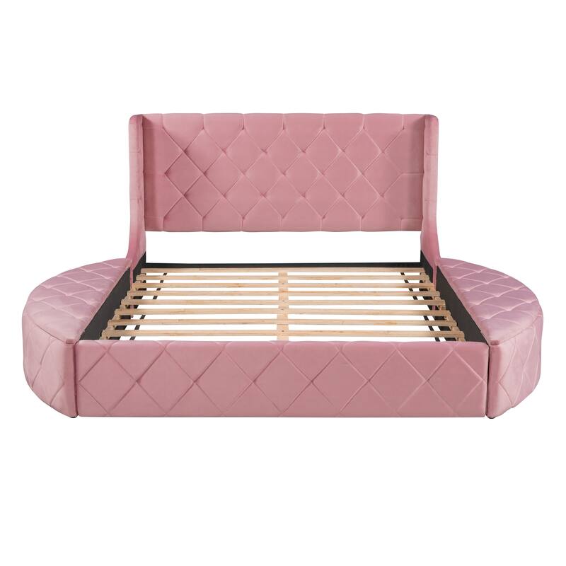 Queen Platform Bed Velvet Upholstered Bed with Wingback Headboard, 2 Side Storage Stool and Large Drawer, Round Low Profile Bed