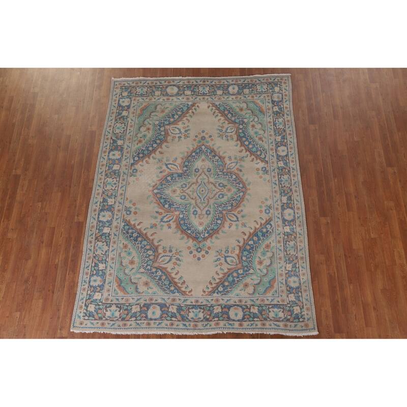 Hand Knotted Oriental 100% Wool Carpet Traditional Floral Beige & Ivories Tabriz Area Rug - 8' 8'' X 6' 5''