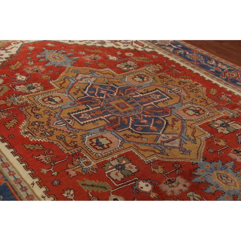Heriz Serapi Indian Rug Hand-Knotted Medallion Orange Wool Carpet - 9'0"x 11'11"