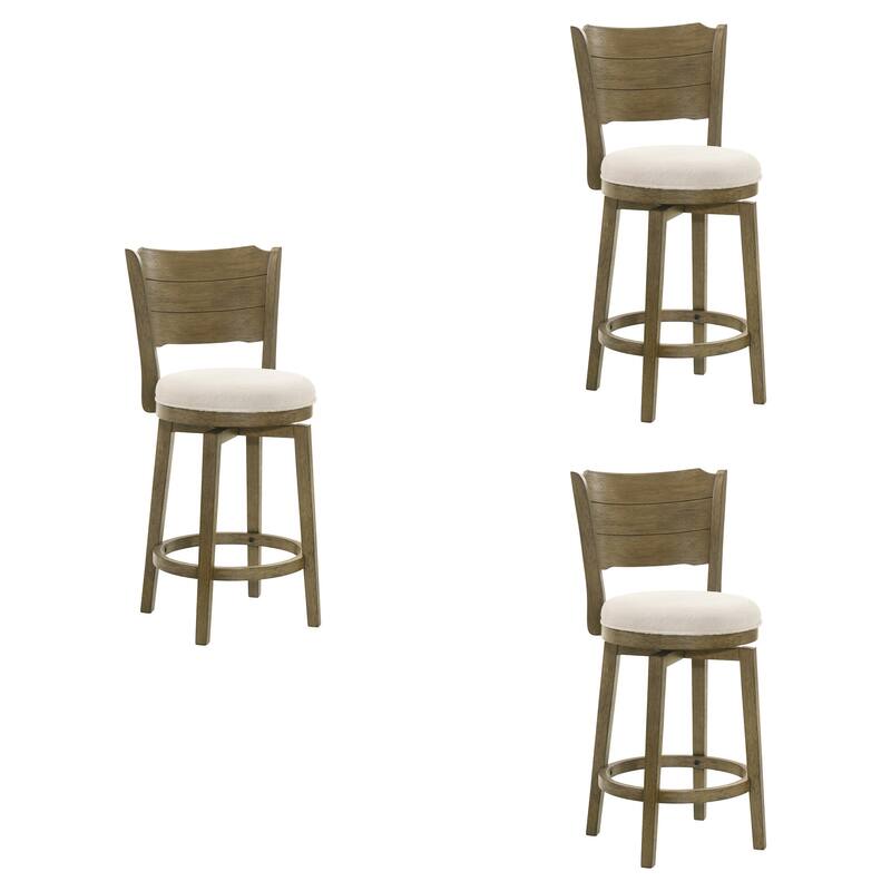 Winsley Coastal Modern Swivel Wood Counter Height Kitchen Bar Stool with White Boucle Fabric Upholstered Seat - Set of 3 - White/Putty Brown - Counter Height