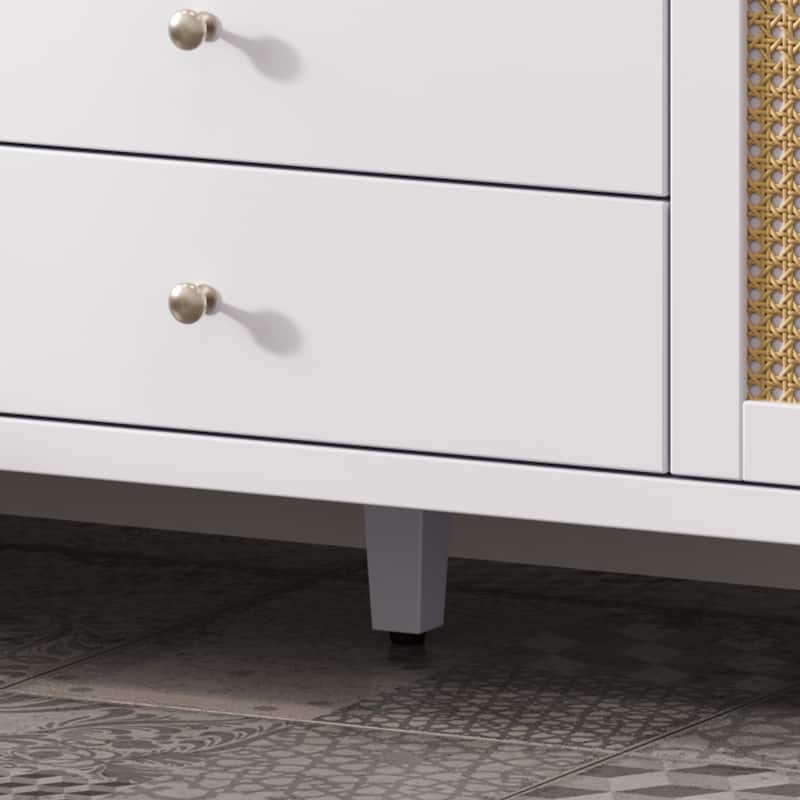 Bathroom Vanity with SMC Sink, Large Storage Bathroom Storage Cabinet with Soft Close Drawers and Rattan Doors