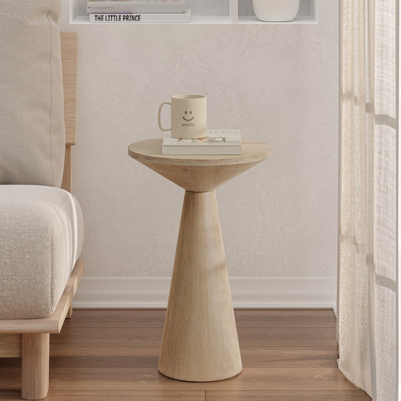 COZAYH Farmhouse Pedestal End Table, Round Martini Table Wood Plant Stand Rustic Small Drink Table for Living Room, Bedroom - Smooth Cone - Light Natural Wood