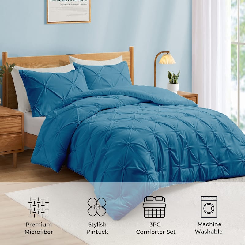 3 Piece Reversible Pintuck Pinch Pleat Bohemia and Tufted Clipped Comforter Set