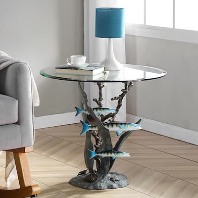 Spi Home Cast Aluminum Barracuda Glass Top End Table - 22.5 X 22 X 22 inches