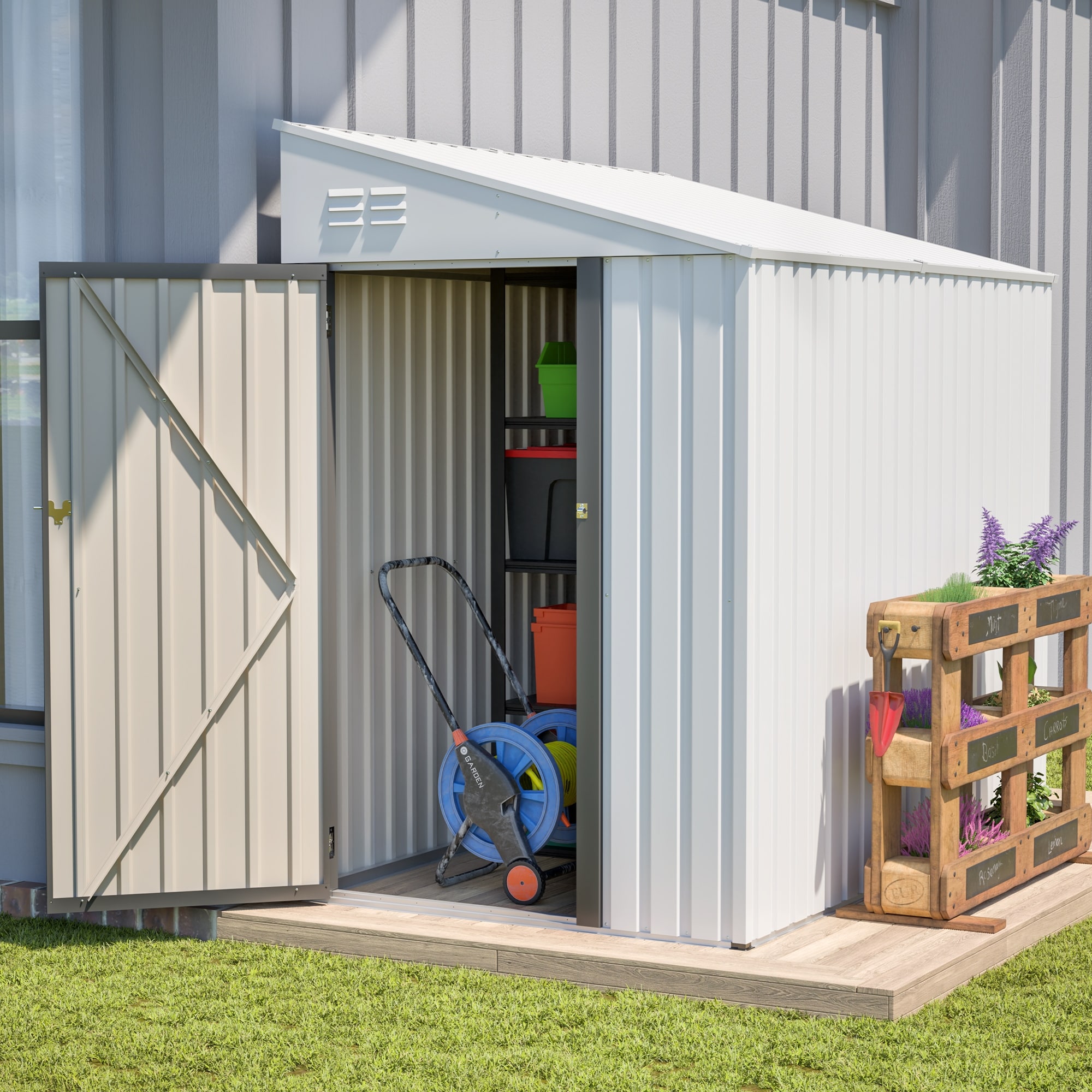 White 4' x 7' Lean-To Storage Shed, Heavy-Duty Metal Outdoor Garden & Bike Shed with Lockable Door