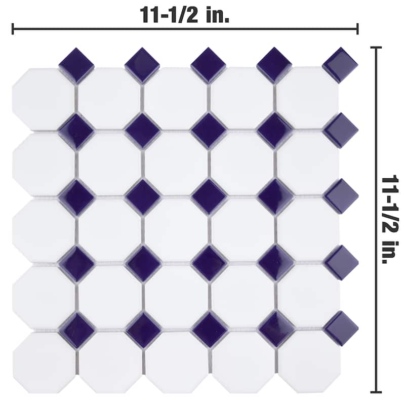 Merola Tile Metro Octagon Matte White w/Cobalt Dot 11-1/2" x 11-1/2" Porcelain Mosaic Tile