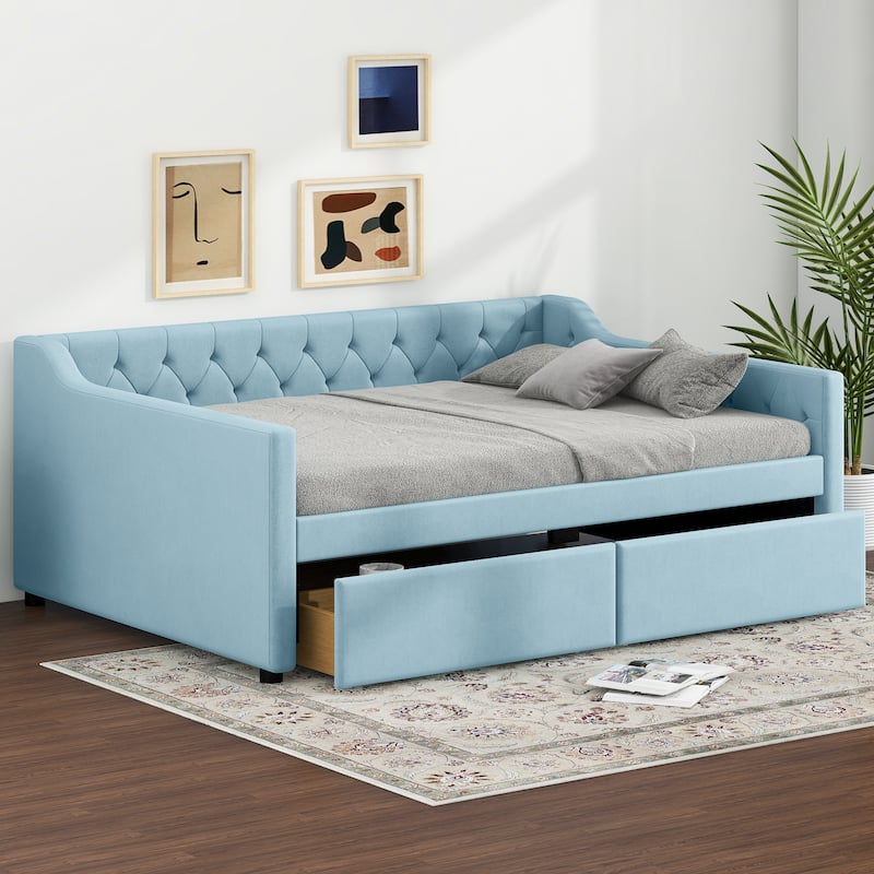 Full Size Velvet Tufted Daybed with 2 Drawers