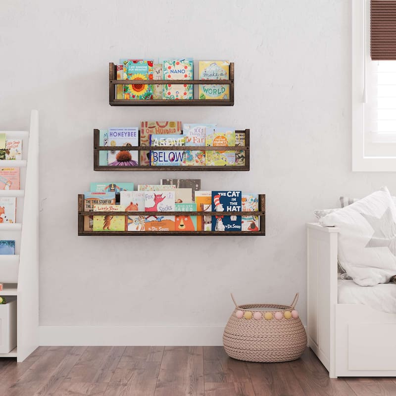 Wallniture Polynez Rustic Wood Floating Shelf, Set of 3, 24-30-36 inches Multisize Wall Shelves, Wall Mounted Shelving for Books