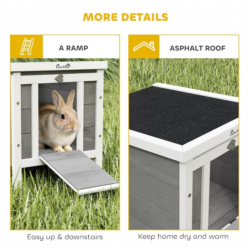 PawHut Small Wooden Rabbit Hutch Bunny Cage Guinea Pig House Dog Cage with Openable & Waterproof Roof, Grey