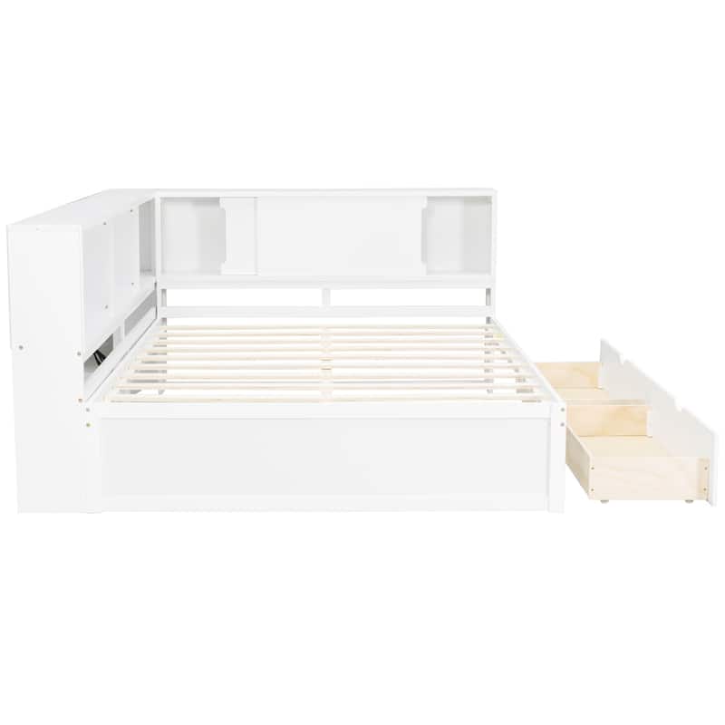 Queen Size Wood Daybed with LED Storage Shelves, USB Ports, and 2 Drawers by Harper&Bright Designs