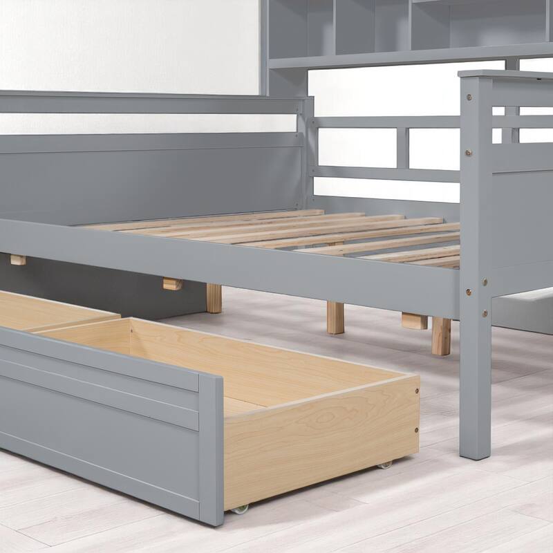 Wooden Twin/Full Daybed with 2 Storage Drawers and Bedside Shelves, No Box Spring Needed, Modern Design