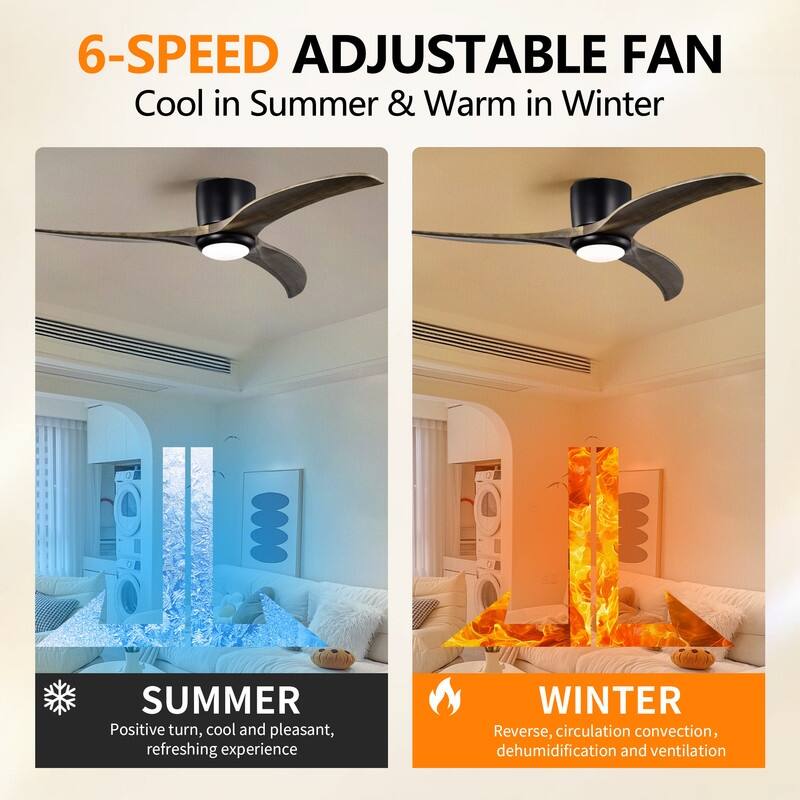 Modern 52" Ceiling Fan Matte Black, Light, Remote, Wood Blades, Quiet Motor
