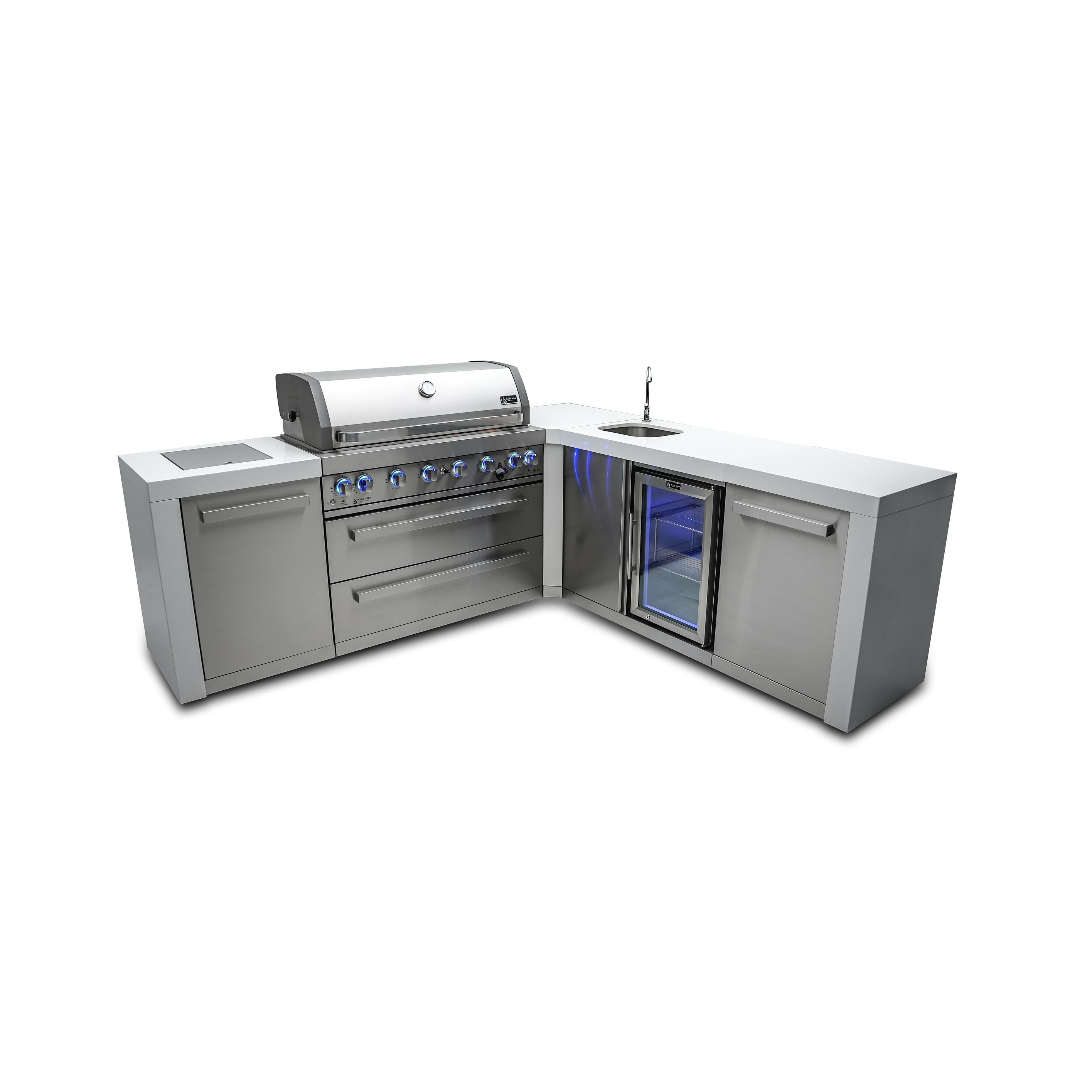 Mont Alpi 94"W x 88"D Stainless Steel L-shaped Outdoor Kitchen Island with Refrigerator Faucet & Sink + 44"W 6-Burner BBQ Grill