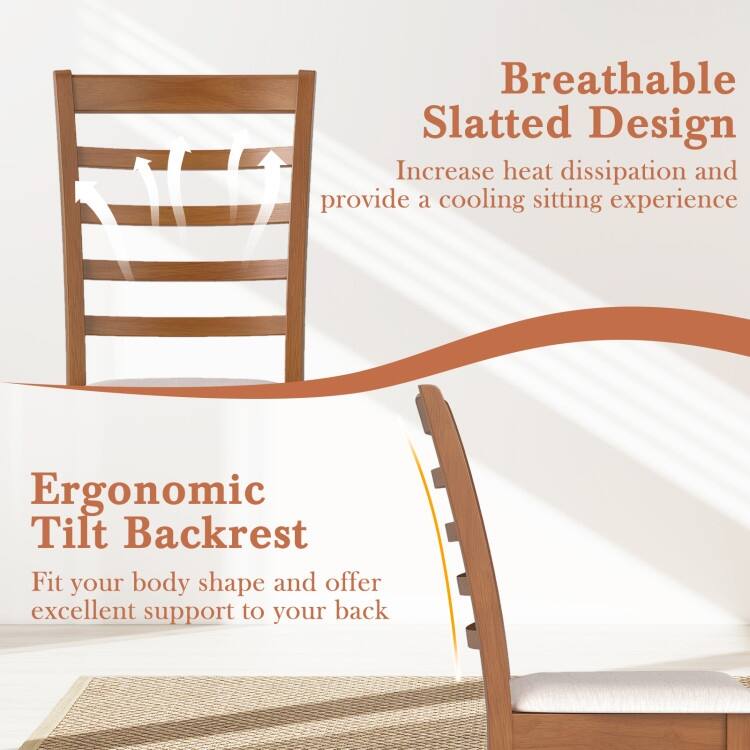 Beige Rubber Wood Kitchen Chairs Set of 2 with Slat Back and Cushioned Seats - 17.5" x 22" x 38"