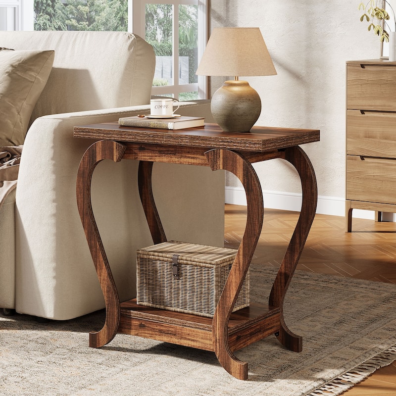 2-Tier End Table, Narrow Wood Side Table with Storage Shelves