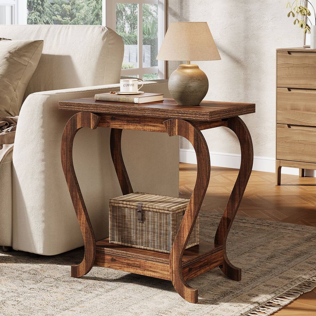 2-Tier End Table, Narrow Wood Side Table with Storage Shelves