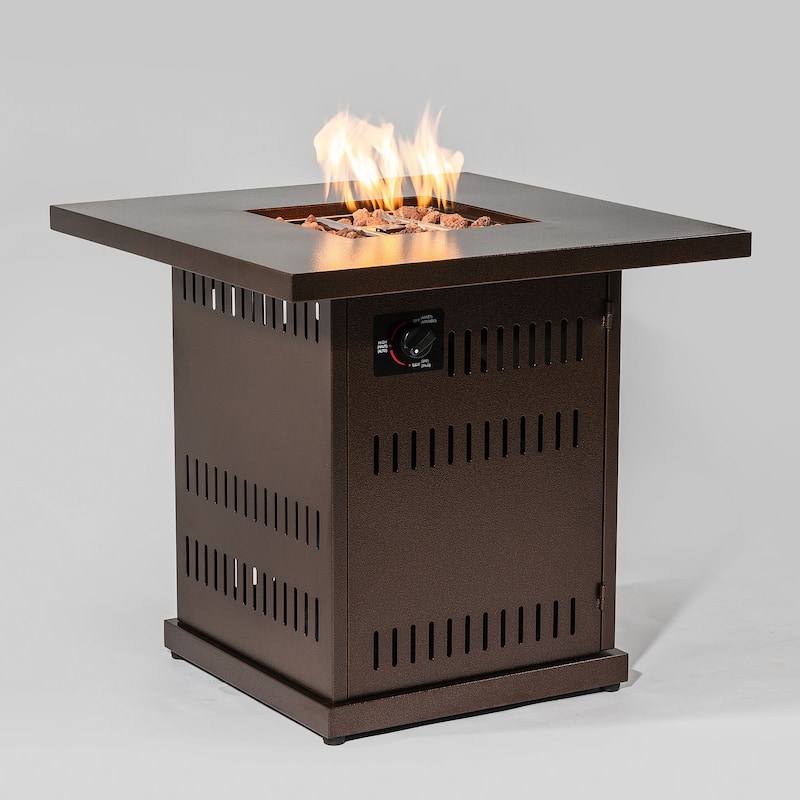 GDFStudio - Hayden 28-Inch Square Propane Fire Pit Table with Stainless Steel Lid and Dual-Use Dining Top
