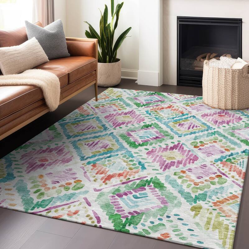 Machine Washable Indoor/ Outdoor Boho Brushstrokes Chantille Rug - Teal - 3' x 5'