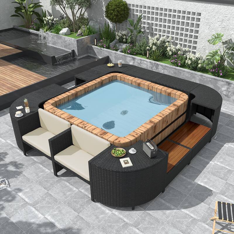 Outdoor Rattan Spa Frame Conversation Sofa Set with Storage & Wooden Bench