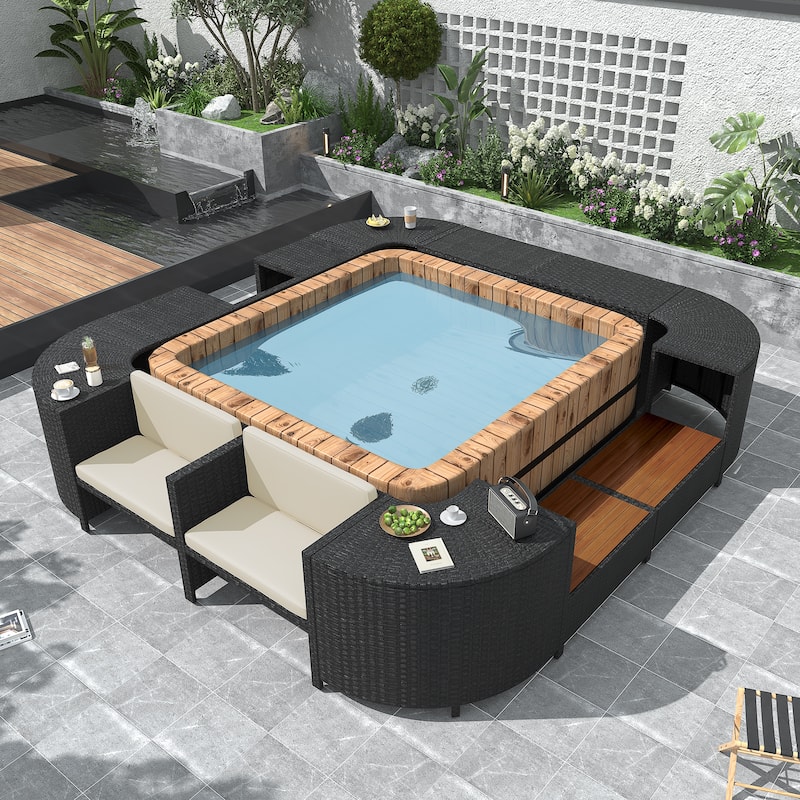 Spa Surround Spa Frame Quadrilateral Outdoor Rattan Sectional Sofa Set with Mini Sofa,Wooden Seats and Storage Spaces, Beige