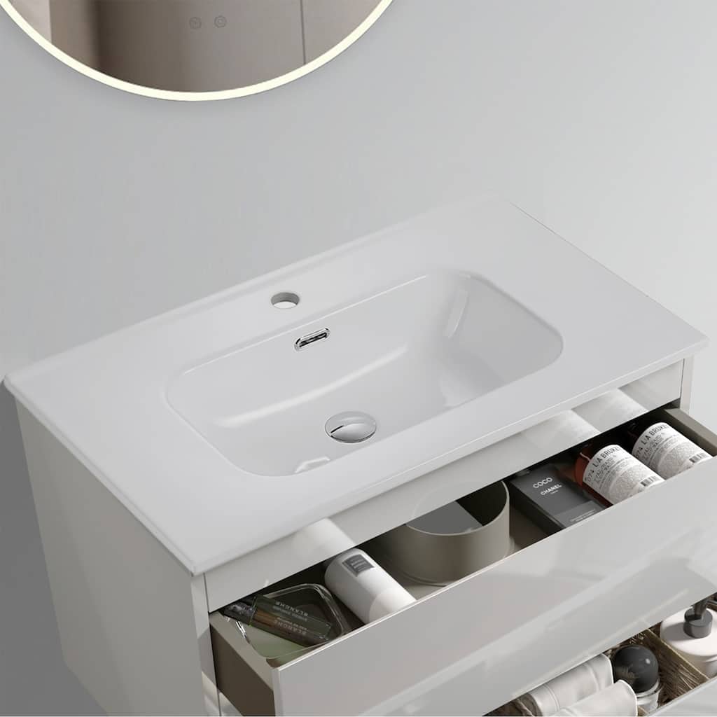 GDFStudio - Modern Sleek Rounded Edges Integrated Ceramic Basin with Glossy Finish, Drain Not Included