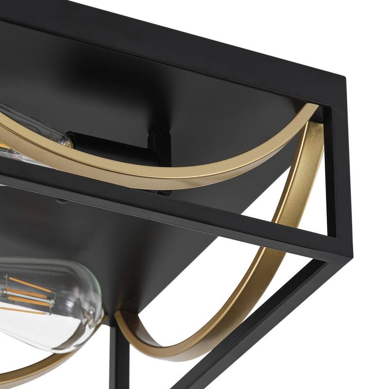Farmhouse 2-Light Black & Gold Square Flush Mount Ceiling Light Fixture
