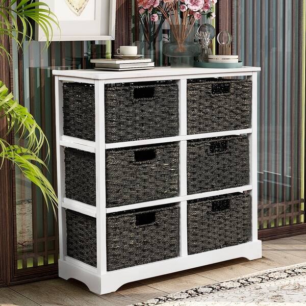 Shop Black Friday Deals On Vintage White Storage Cabinet With 6 Rattan Baskets On Sale Overstock 32203811